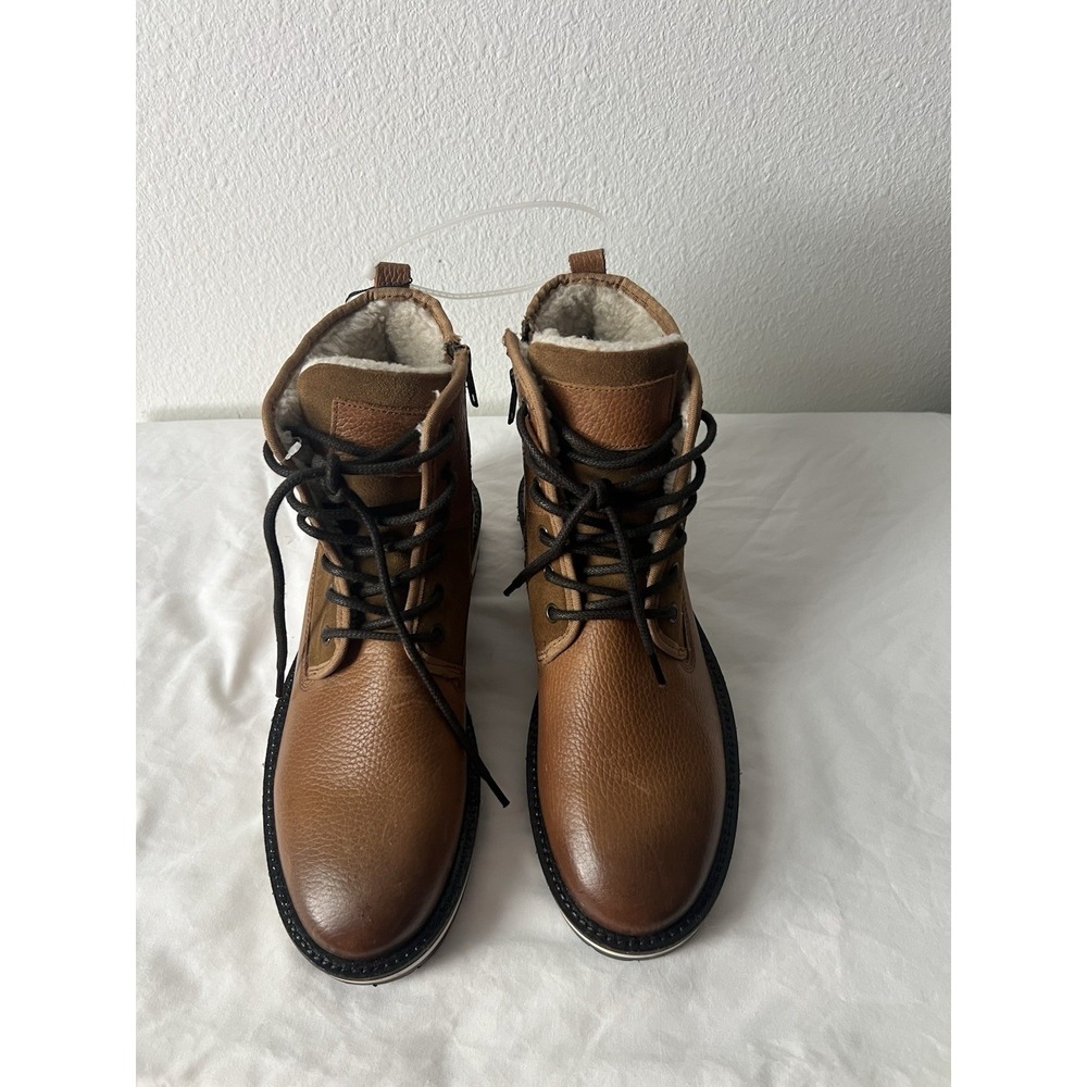Crevo Tan Leather Faux Fur Lined Lace-Up Boots‎ Zipper Accents Men's 8.5